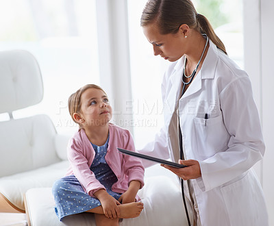 Buy stock photo Pediatrician, child and tablet at pediatric hospital for health examination, wellness and support. Medical professional, kid patient and technology in clinic for healthcare, medicine and consult.