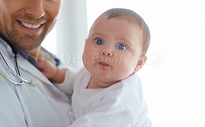 Buy stock photo Funny, face and baby with pediatrician in hospital for medical support and growth in portrait. Cute newborn kid, pediatrics doctor and healthcare service, expert consulting and clinic for children