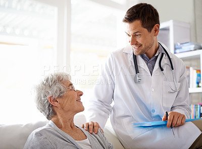 Buy stock photo Doctor, healthcare and elderly woman in hospital with trust, consultation or advice for treatment with smile. Medical professional, patient and office with support, help or happy for test results