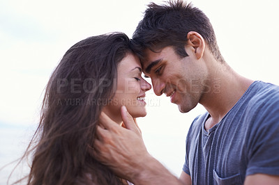Buy stock photo Romantic, couple and outdoor with love on holiday or vacation to travel together in summer. Date, moment and man with gratitude for woman and smile with kindness, care and support for partner