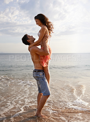 Buy stock photo Embrace, waves and couple playing on beach for travel adventure, summer island holiday and relax. Ocean vacation, woman and man in nature on romantic date together with smile, love and sea in Bali.