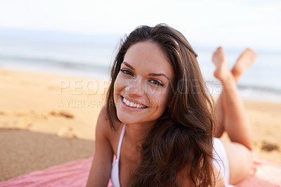 Buy stock photo Relax, portrait or happy woman at sea for travel adventure or peace on holiday vacation in Bali. Tourist, picnic or female person on sand with blanket or smile in nature for fresh air, beach or ocean