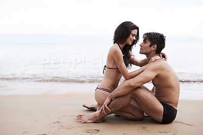 Buy stock photo Relax, embrace and couple on beach with romance, travel adventure and relax on summer island holiday. Ocean vacation, woman and man hug in nature on date together with smile, love and mockup in Bali.