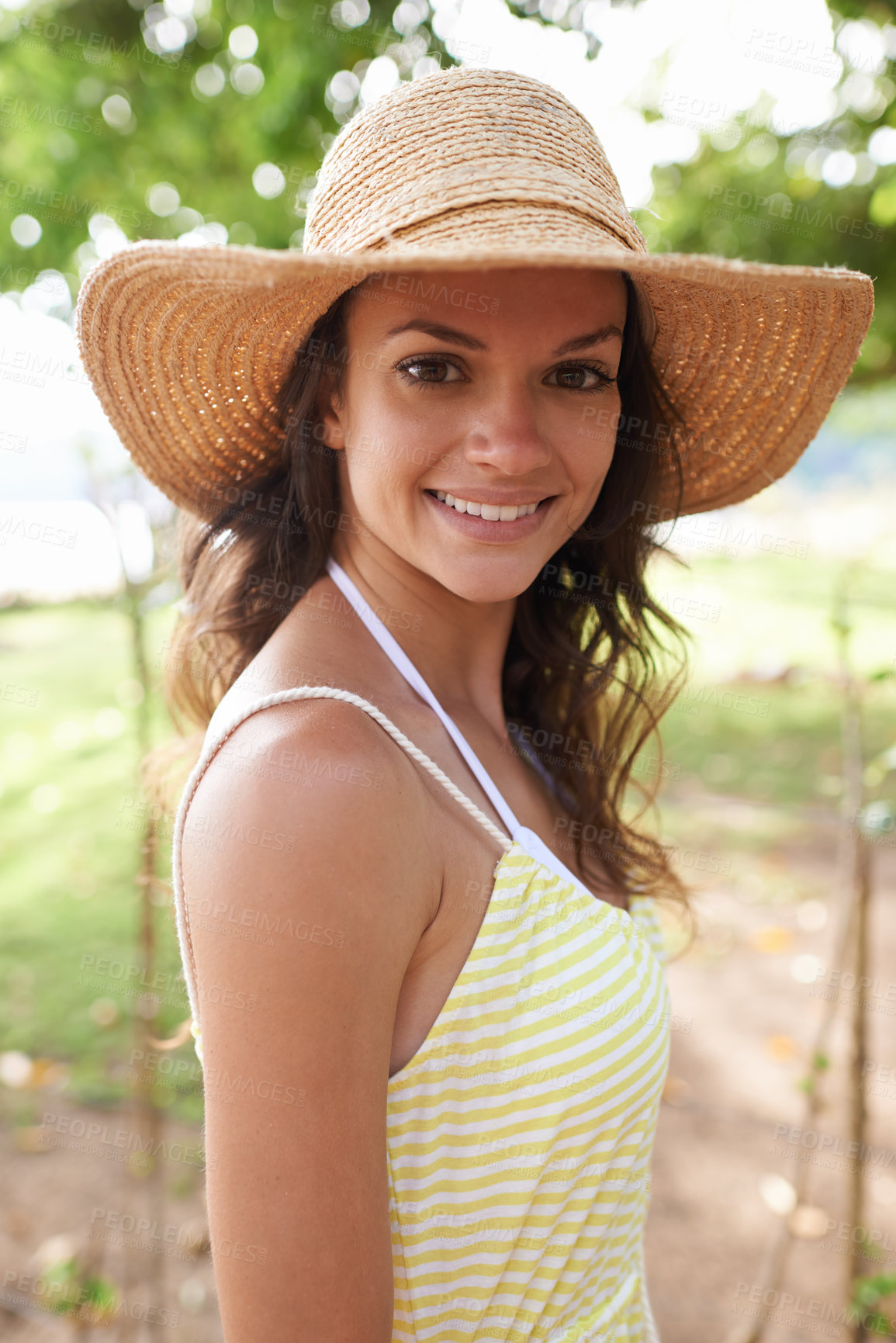 Buy stock photo Nature, smile and portrait of woman in forest for summer vacation, holiday or picnic outdoors. Environment, relax and face of person with hat in park for travel, adventure and enjoyment in sunshine