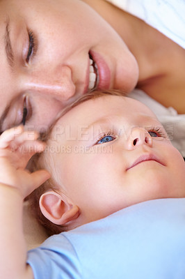 Buy stock photo Baby, bonding and happy with mom, relaxing and love together with child and care for motherhood. Infant, mother and smile for affection, nurture and home for growth and babysitting with family