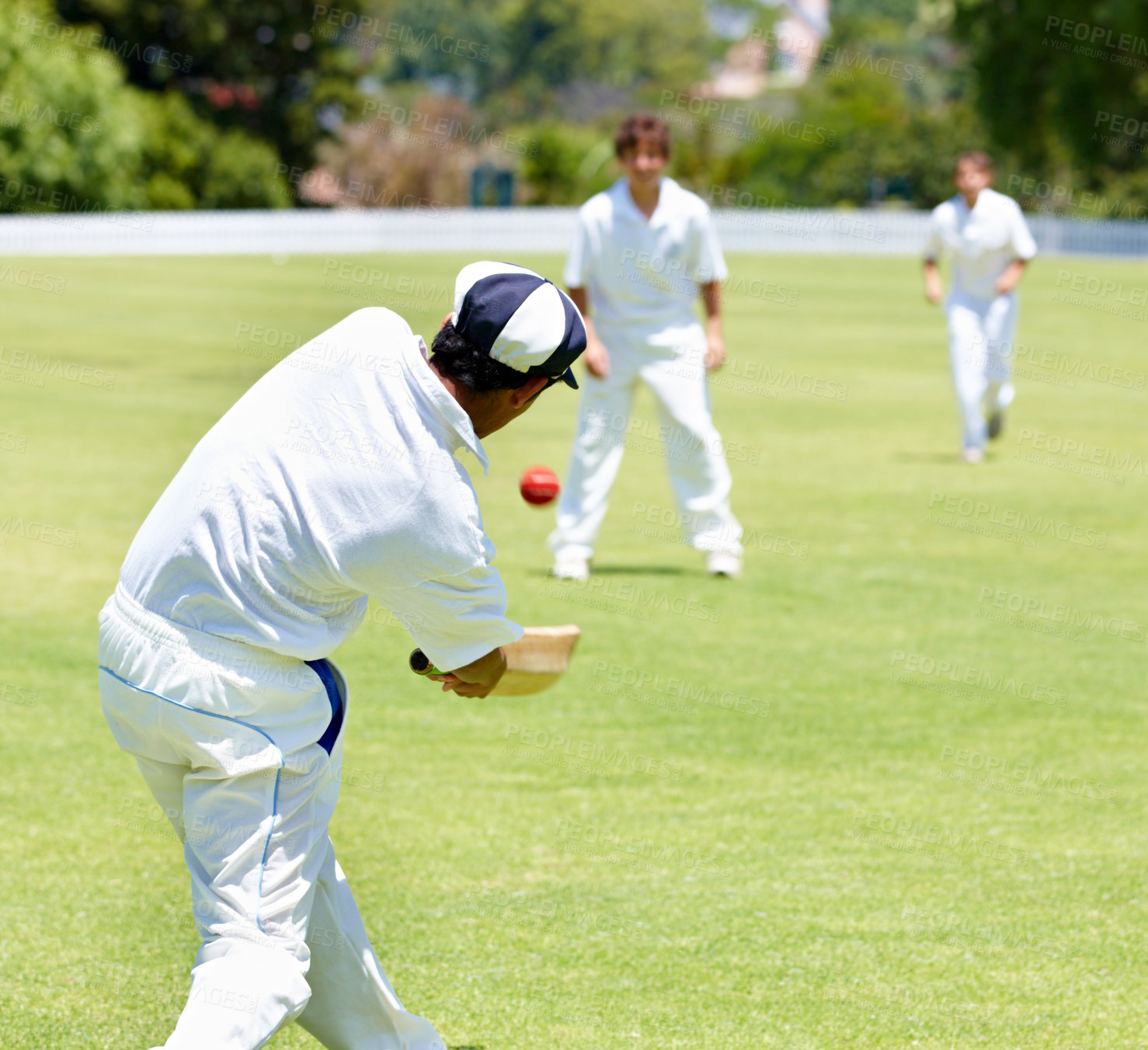 Buy stock photo Sport, cricket and batsman hitting ball on a pitch for training, game or competition. Athlete person with a bat or gear for action, playing professional sports and exercise for team fitness on grass