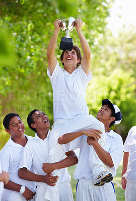 Buy stock photo Cricket team, trophy and boys celebrate achievement in sport game, winning and fitness outdoor. Teenager male athlete group, champion and teamwork with winner of sports match and celebration