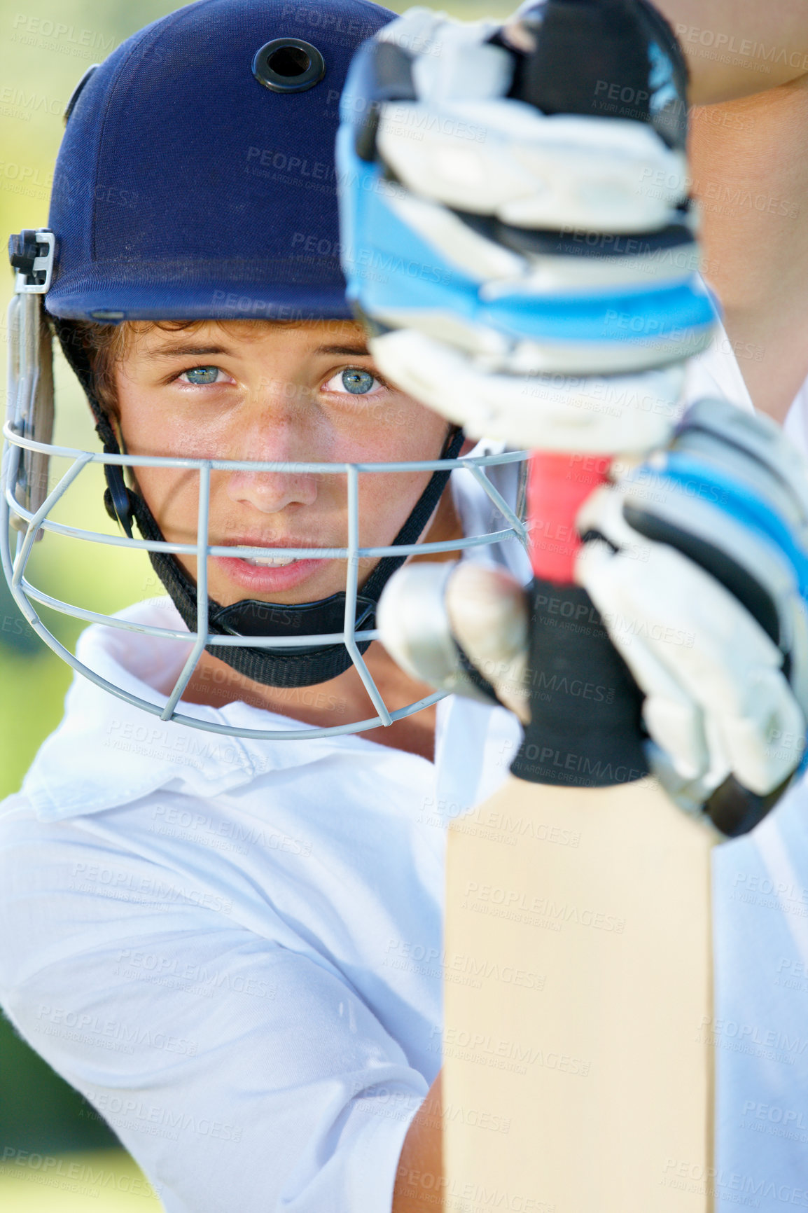 Buy stock photo Sport, portrait and teenager with cricket outdoors for active training, workout or competition. Performance, challenge and face of male athlete in gear for physical activity, exercise and tournament.