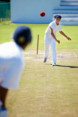 Buy stock photo Group, cricket and boys with training, sports or competition with cardio or wellness. People, game or players with fun or fitness with sunshine or summer with ball or uniform with healthy exercise 