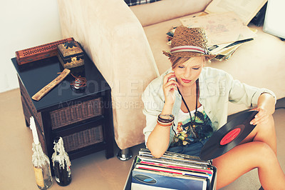 Buy stock photo Woman, hat and record with collection, retro and living room floor for relaxation. Person, couch and vintage for hobby, happiness and stress relief with trendy music and summer recreation with style