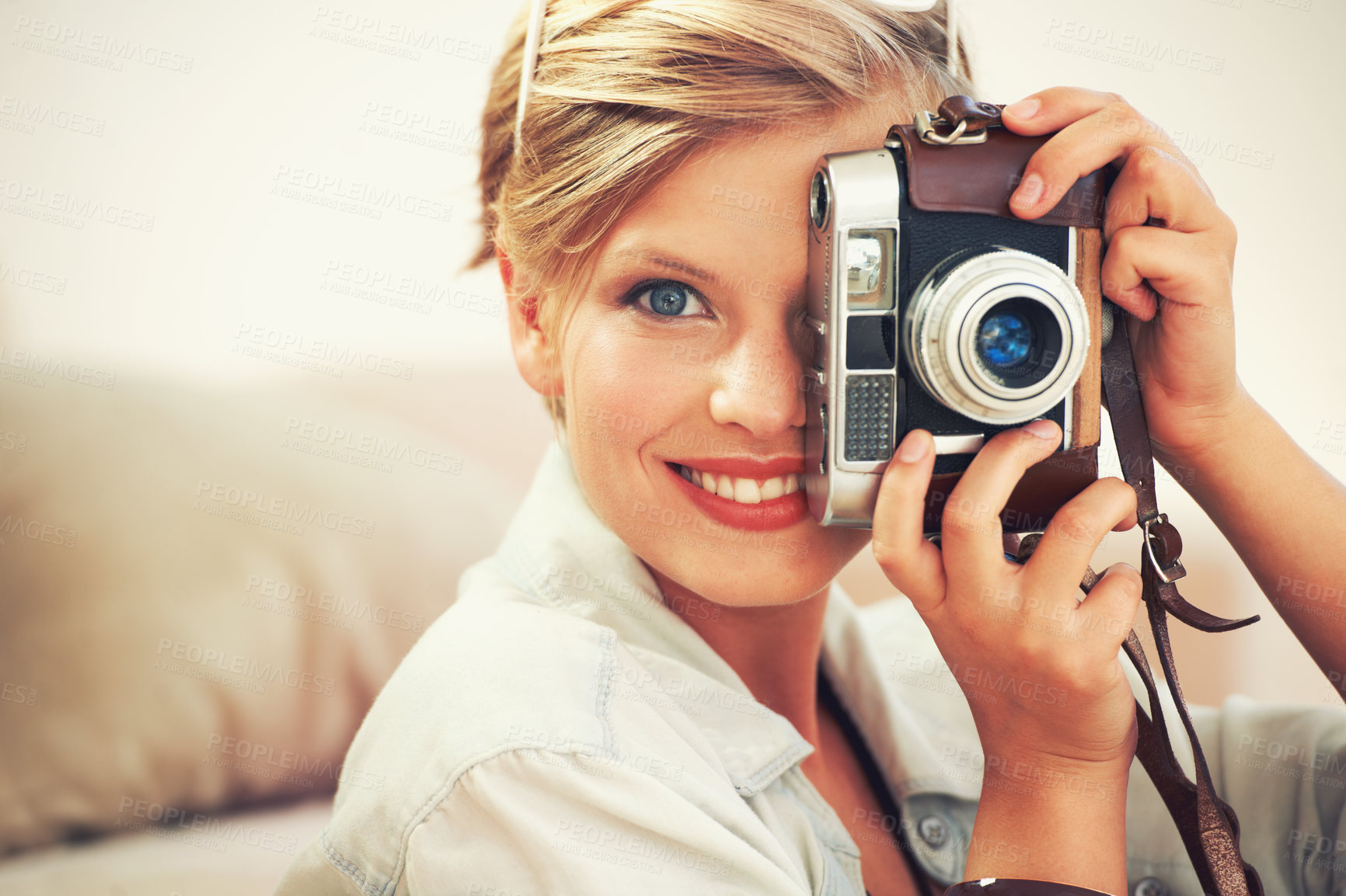 Buy stock photo Portrait, woman and camera lens for retro, fashion and casual outfit for weekend getaway in Germany. Smile, female person and analog shutter for fashionable, clothing and photography on vacation