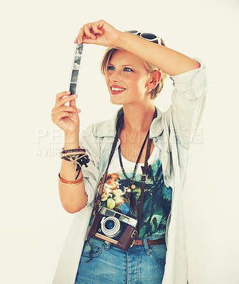 Buy stock photo Woman, camera and film for fashion, retro and photography in casual outfit for creative hobby. Smile, female person or analog lens for trendy, vintage or clothing for artistic, style and aesthetic