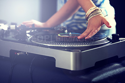 Buy stock photo Hand, turntable and music for club performance as dj at techno rave for streaming audio track, hiphop or entertainment. Equipment, mix and record scratch for listening concert, playlist or weekend