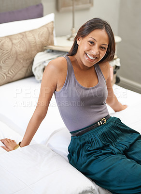 Buy stock photo Fashion, cosmetics and skin for woman on bed for clothes, style and designer. Indian person or fashionista with smile and attractive in hotel room for portrait with trendy garment on vacation 