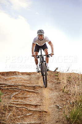 Buy stock photo Portrait, bike and man off road cycling on dirt track for sports, competition or outdoor hobby. Fitness, nature and race with confident young athlete or cyclist in helmet for cardio performance