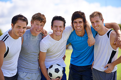Buy stock photo Soccer, men and hug in portrait on field at game with fitness, exercise and happy in nature. People, teamwork and embrace with pride for support, solidarity or football with friends in competition