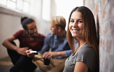 Buy stock photo University, hallway and portrait of woman with smile for education, knowledge and learning. College, academy scholarship and happy female student with friends on campus for studying, class or school