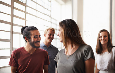 Buy stock photo College, friends and talking while walking together in hallway for discussion or chat. Group of diversity men and women students at campus or university for happy conversation about education career
