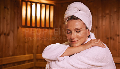 Buy stock photo Shot of a mature woman in a sauna