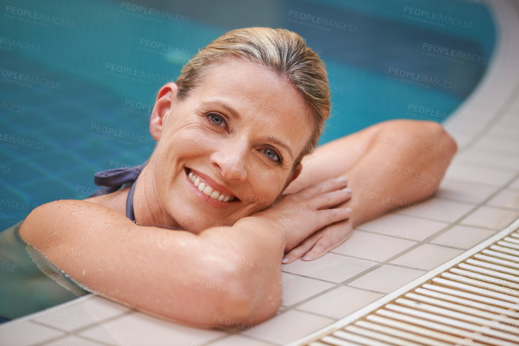 Buy stock photo Swimming pool, happy and portrait of woman relax on holiday, summer vacation and weekend getaway. Travel, luxury spa resort and female person smile in water for happiness, wellness and peace outdoors