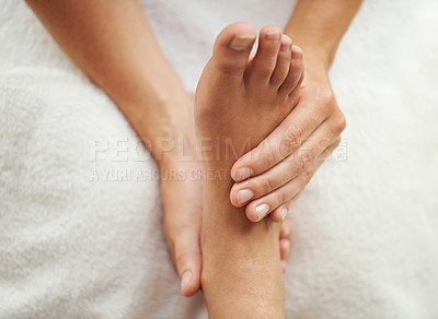 Buy stock photo Massage, foot and spa or salon treatment, beautician and pedicure for wellness and self care. Physiotherapy, reflexology and stress relief by masseuse, muscle relaxation and holistic healing client 