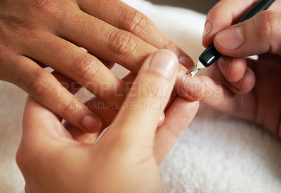 Buy stock photo Hands, manicure and cuticle for nails in salon, beauty and treatment to relax. Closeup, spa and tool on fingernail, cleaning and cosmetic service with professional, pamper and luxury for wellness