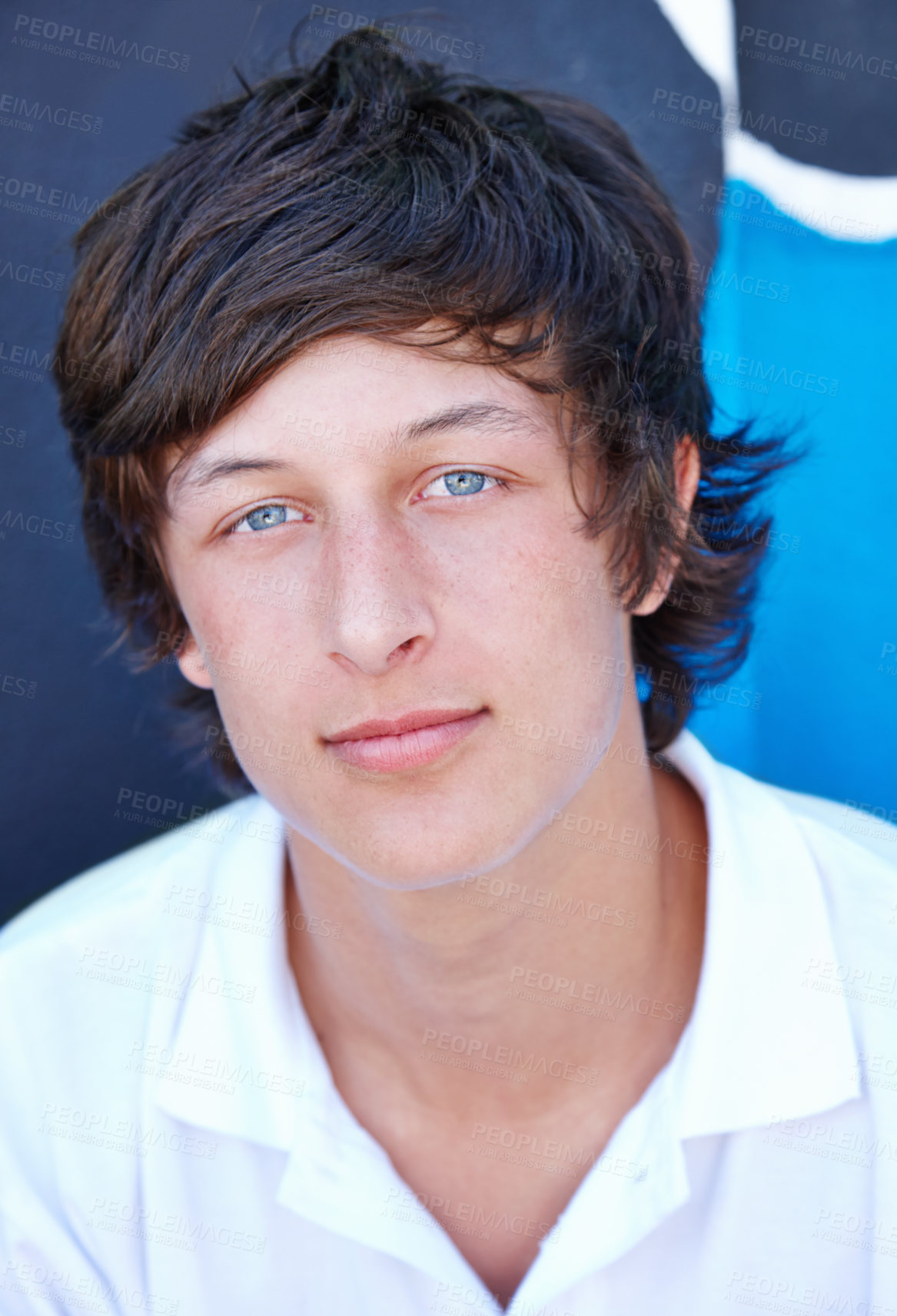 Buy stock photo Cool, teenager and portrait of skater on wall in summer, vacation or relax outdoor on holiday. Urban, teen and face of serious kid with edgy fashion, long hairstyle and streetwear for skatepark