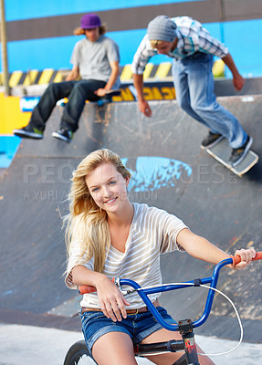Buy stock photo Happy, friends and portrait of teenager at skatepark in summer on vacation or holiday with adventure. Girl, bicycle or boys on ramp with skateboard or smile for challenge or ride on concrete in city