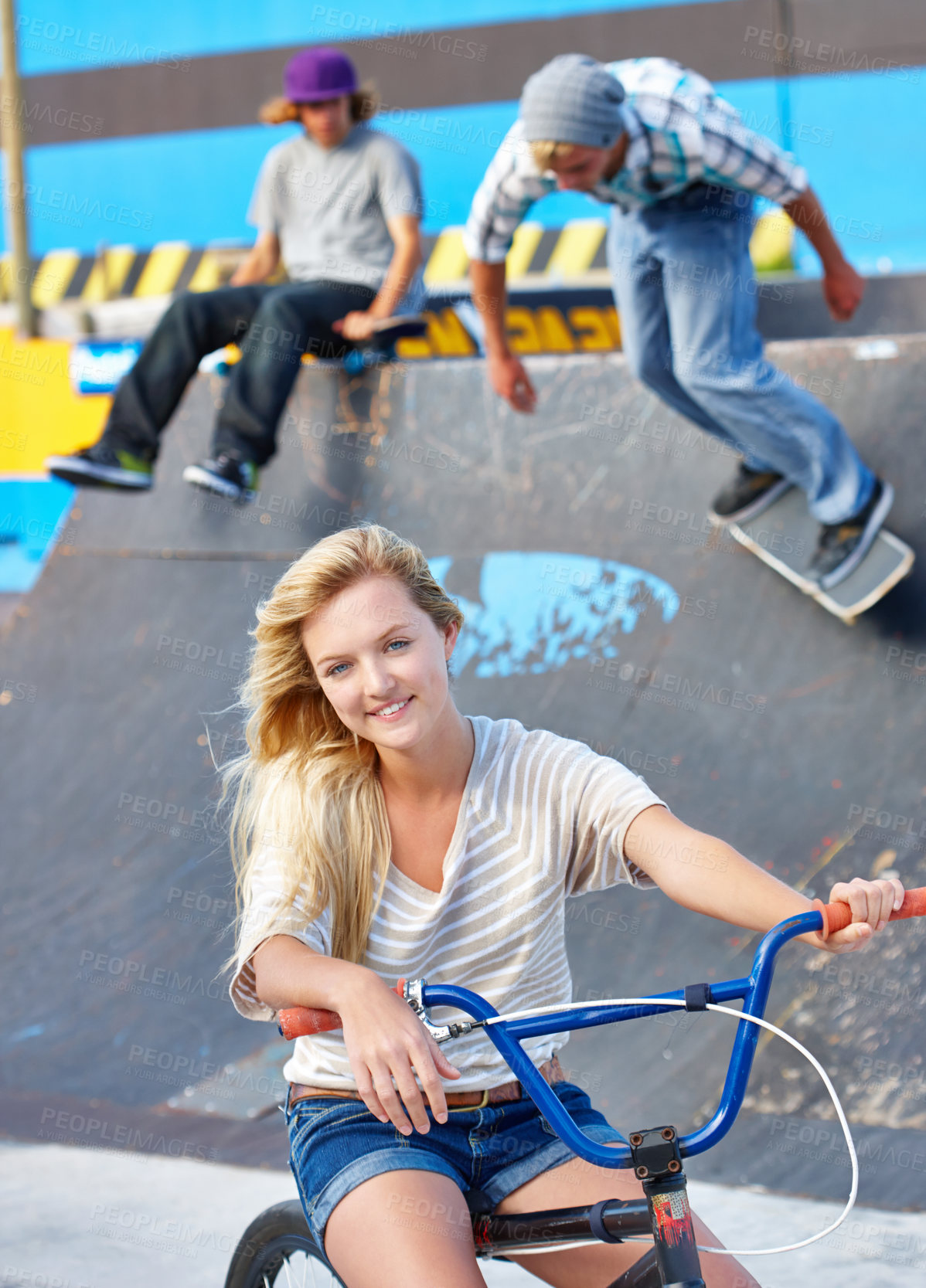 Buy stock photo Happy, friends and portrait of teenager at skatepark in summer on vacation or holiday with adventure. Girl, bicycle or boys on ramp with skateboard or smile for challenge or ride on concrete in city