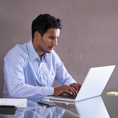 Buy stock photo Businessman, laptop and email by desk for project management and online research in office. Entrepreneur, computer or technology for small business website, productivity or growth of startup company