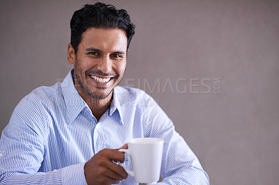 Buy stock photo Indian businessman, coffee and smile portrait on work break, professional and happy isolated on grey background. Stock broker, finance and accounting or management at firm, investment and corporate