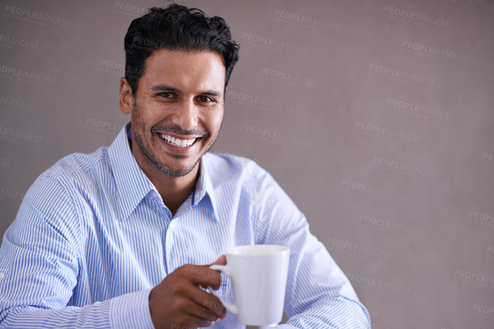 Buy stock photo Indian businessman, coffee and smile portrait on work break, professional and happy isolated on grey background. Stock broker, finance and accounting or management at firm, investment and corporate