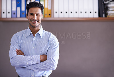 Buy stock photo Office, portrait and happy businessman with arms crossed in confidence and pride as entrepreneur. Corporate, employee and man with a smile for working on investment portfolio or workplace mock up