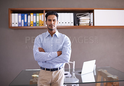 Buy stock photo Office, portrait and businessman with arms crossed in confidence and pride in asset management. Corporate, investor and working on portfolio in workplace with laptop for research on stock market