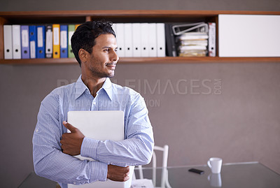 Buy stock photo Thinking, office and business man with laptop for internet, website and online project by desk. Professional, corporate consultant and worker with computer for problem solving, brainstorming and idea