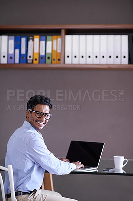 Buy stock photo Office, clerk and happy portrait of man with laptop for administration, files and professional report. Corporate, employee and businessman with a smile for working on portfolio, update or project