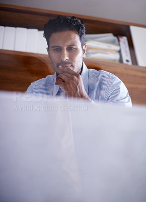 Buy stock photo Thinking, idea and businessman reading on computer with mockup space, brainstorming or inspiration for salesman in office. Serious professional, decision and problem solving for solution or planning