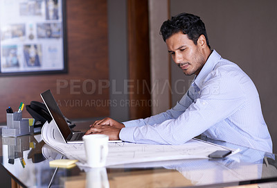 Buy stock photo Male architect, blueprint and in office, laptop and technology for planning project. Construction, computer and real estate for building industry, property development and professional contractor 