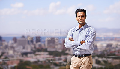 Buy stock photo Portrait of a handsome young businessman standing outdoors