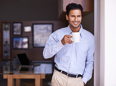 Buy stock photo Thinking, coffee and business man in office for problem solving, solution and project ideas. Professional worker, corporate and thoughtful person drinking caffeine for planning, inspiration or review