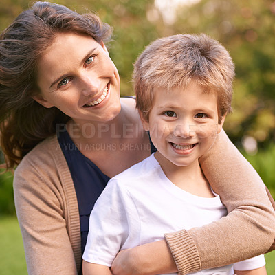 Buy stock photo Mother, son and hug with park, love and smile with portrait and together for happiness. Woman, child and nature with embrace, bonding and family with care and childhood for parenting in backyard