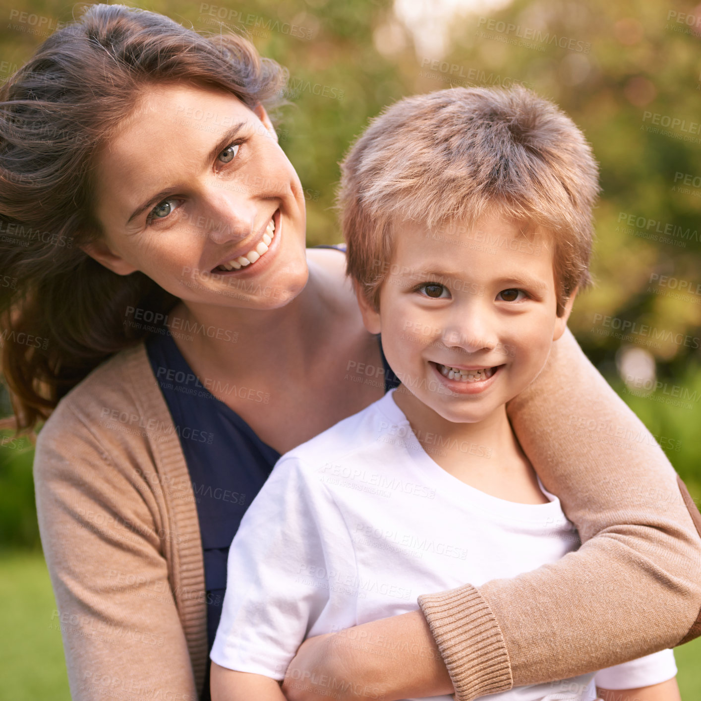 Buy stock photo Mother, son and hug with park, love and smile with portrait and together for happiness. Woman, child and nature with embrace, bonding and family with care and childhood for parenting in backyard