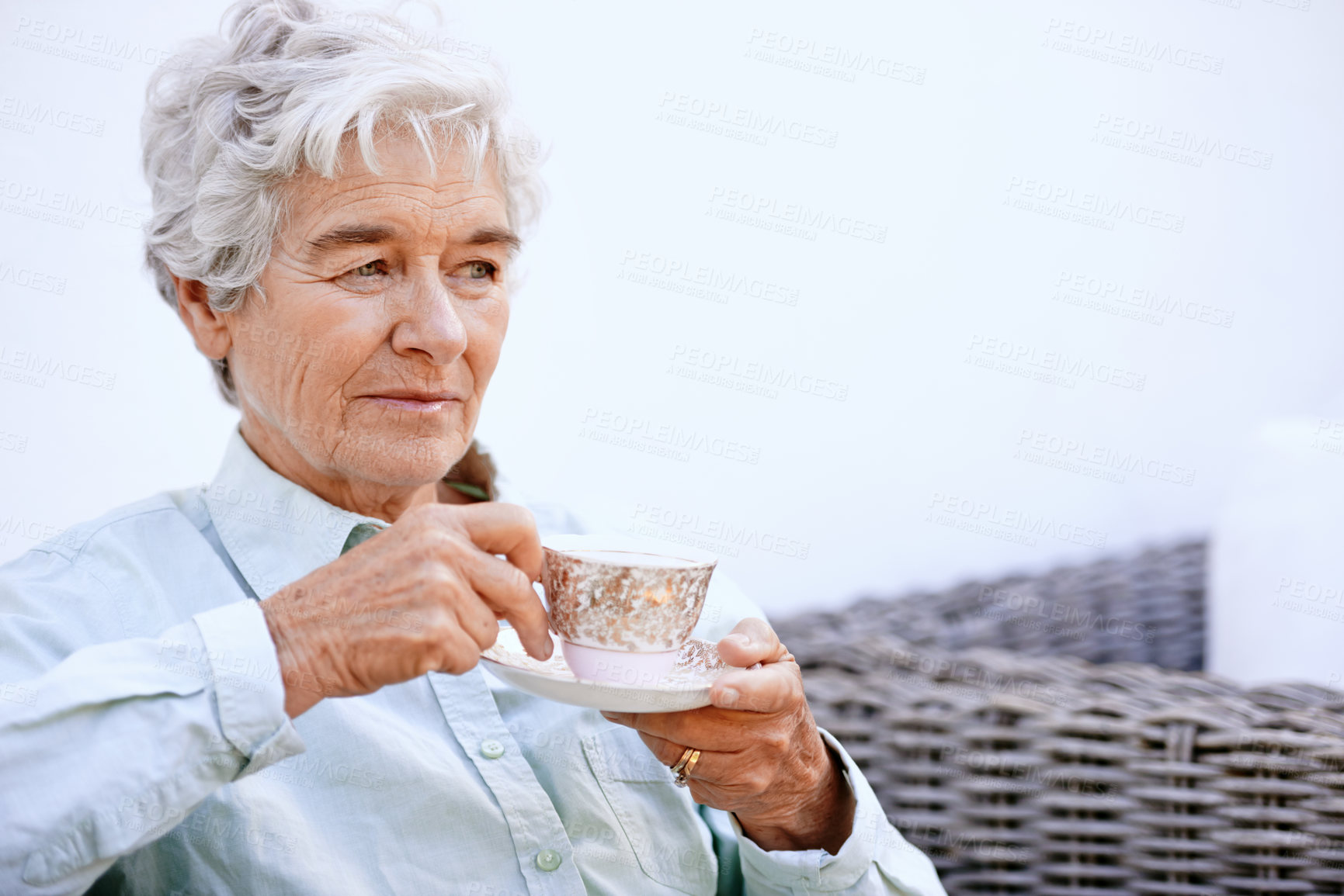 Buy stock photo Senior, woman and thinking with cup for retirement, relaxing on patio in peace enjoying wellness retreat and pension. Elderly person, plan activities and drinking tea with reflection and nostalgia 