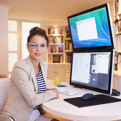 Buy stock photo Portrait, business woman and smart glasses by computer at table in startup office. Face, professional and creative graphic designer on desktop with future tech for entrepreneur working in Australia