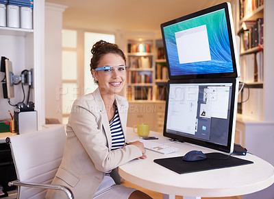Buy stock photo Woman, portrait and smart glasses at computer screen with dual multi monitor for tech startup, futuristic or innovation. Female person, face and home office with connection eyewear, cyber or online