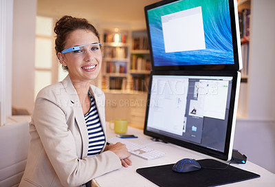 Buy stock photo Portrait, happy woman and smart glasses for business by computer at table in home office. Face, professional and creative graphic designer on desktop with future tech for remote work in Australia