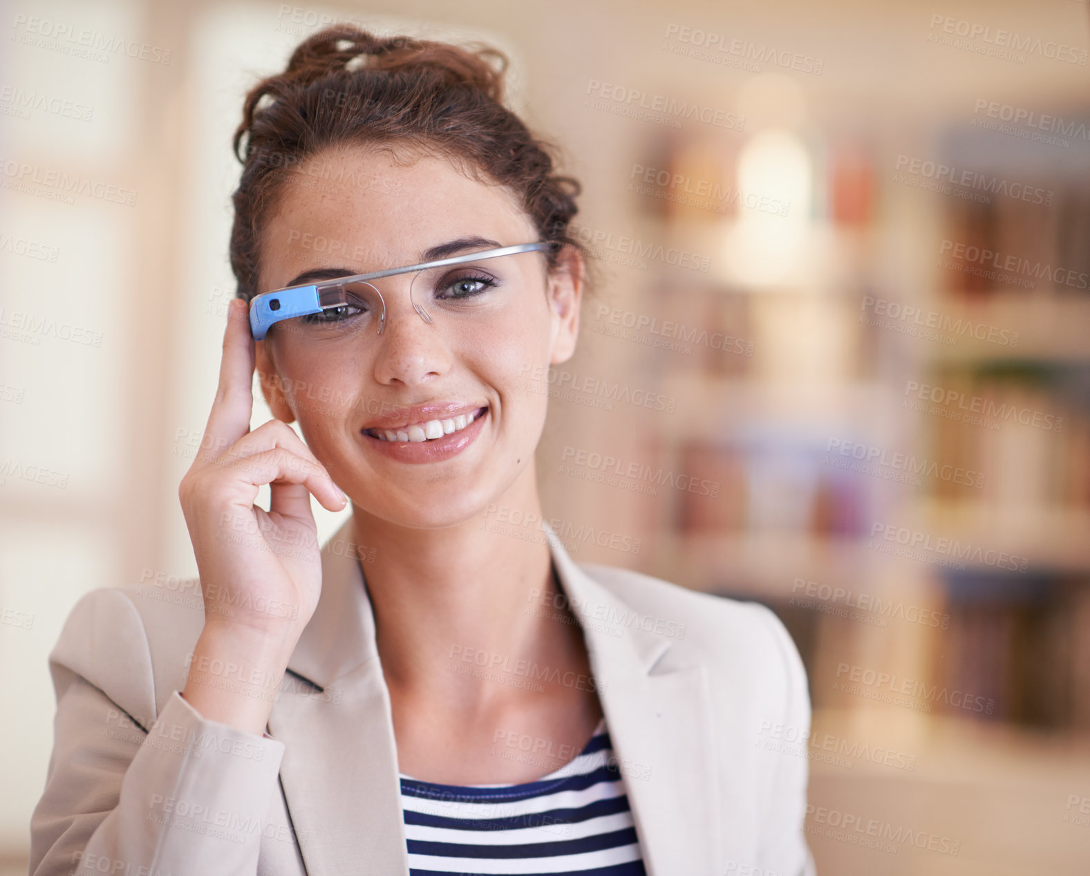 Buy stock photo Portrait, happy woman and smart glasses for business, vision or augmented reality in metaverse at startup office. Face, professional and future technology for entrepreneur or designer in Australia