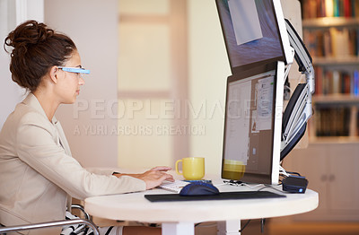 Buy stock photo Computer, smart glasses and woman in office for cybersecurity, analytics or research. Pc, monitor and female security analyst online with app development, planning or metaverse, code or communication