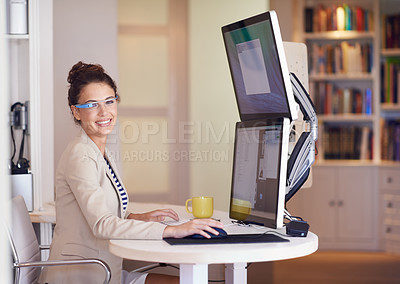 Buy stock photo Happy woman, portrait and smart glasses for business by computer at table in home office. Face, smile and creative graphic designer on desktop with future tech, freelance or remote work in Australia
