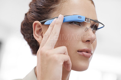 Buy stock photo Augmented reality, connection and businesswoman with smart glasses for internet network in office. Future technology, workplace and girl with designer VR eyewear, vision and online communication.